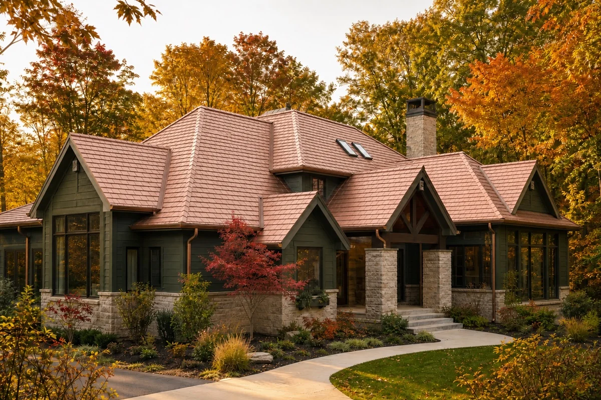Copper-tone metal shingle roof on a custom home