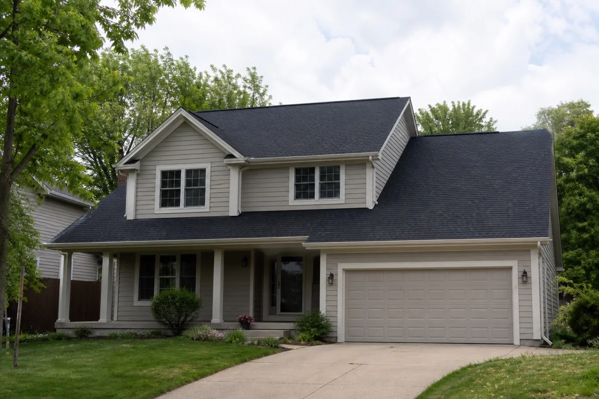 Completed architectural shingle roof replacement on a two-story home