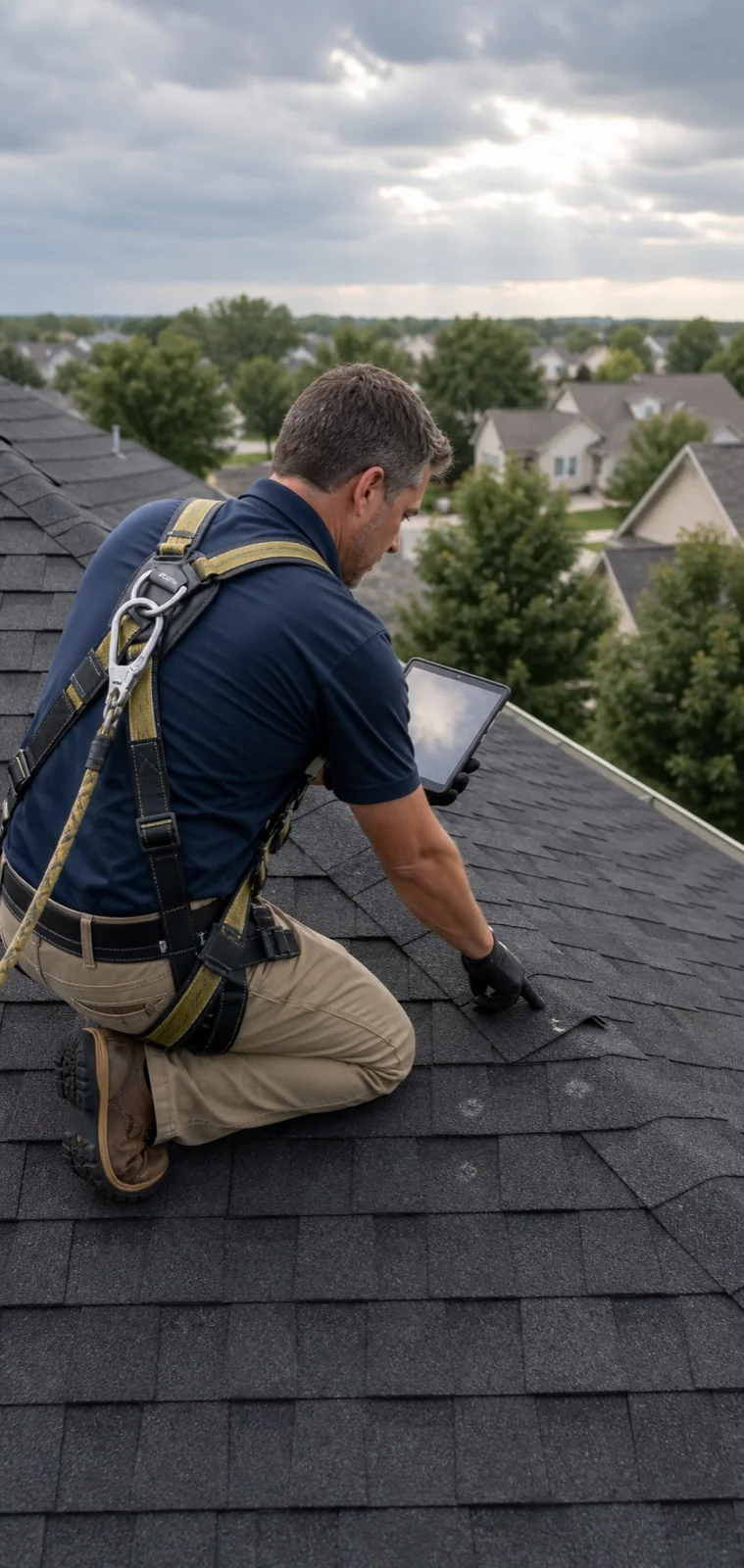 Roofing specialist documenting storm damage during a residential inspection