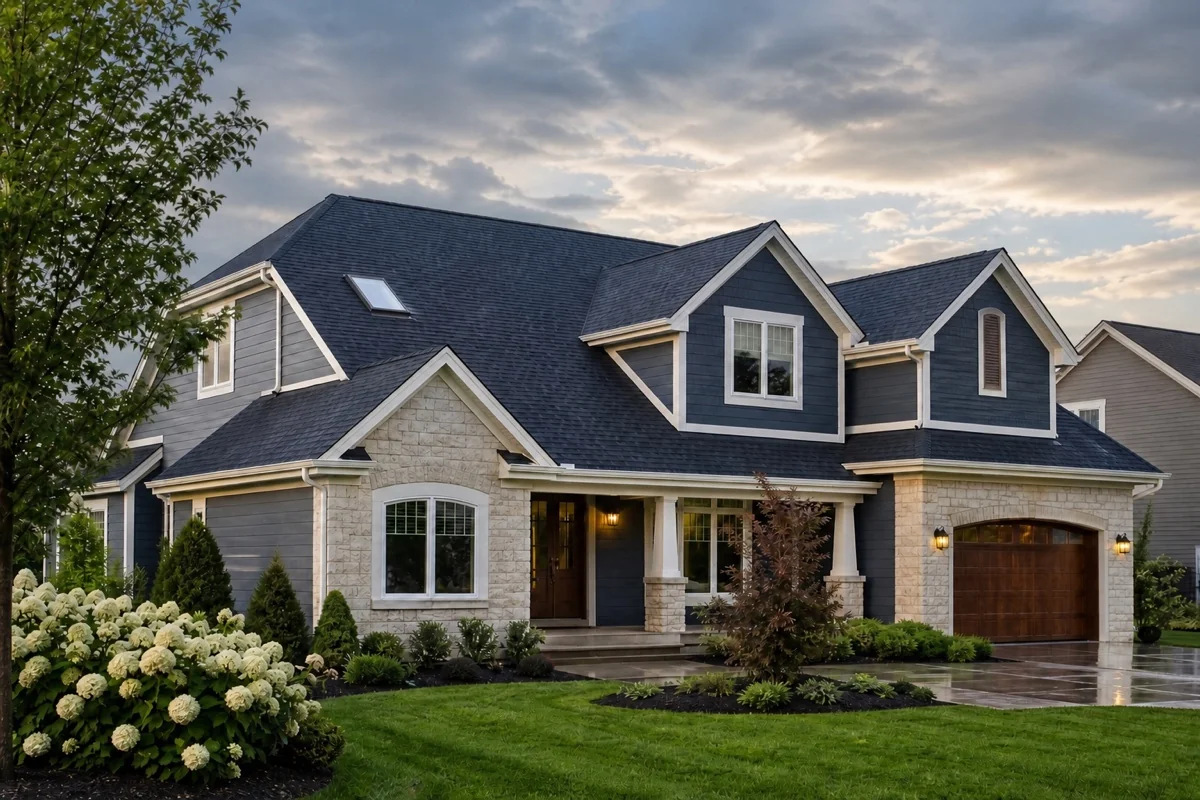 Restored roof on a large home following storm damage